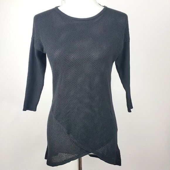 Michael Kors Black Open Knit Mesh 3/4 Sleeve Long Sweater Criss Cross Front XS - Picture 1 of 6